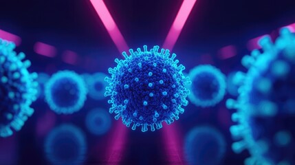 Poster - Blue exosome particles with three-dimensional sphere concept. Digital illustration of vibrant virus particles in blue lights.