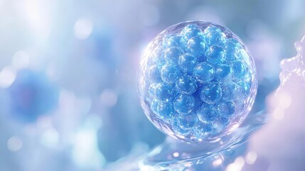 Poster - Blue exosome particles with three-dimensional sphere concept. Abstract close-up of blue cells floating in a vibrant environment.