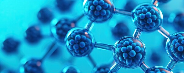 Poster - Blue exosome particles with three-dimensional skincare concept. Close-up of molecular structure showcasing intricate details.