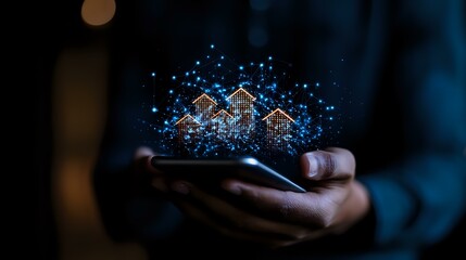 Poster - glowing digital houses float above smartphone with sparkles and light particles in dark blue atmosph