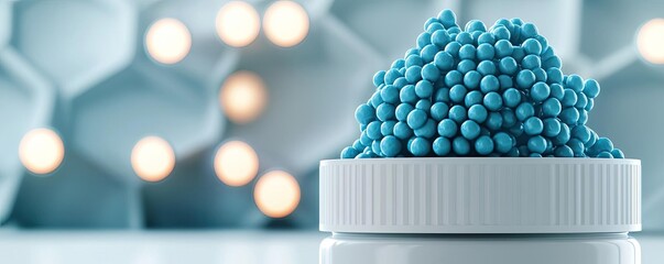 Poster - Blue exosome particles with three-dimensional research concept. Bright blue spheres in a white container on a textured background.