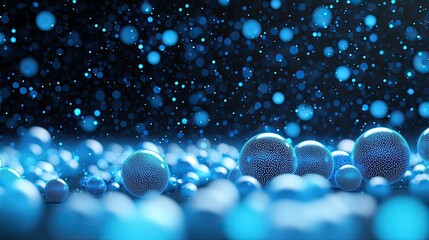 Poster - Blue exosome particles with three-dimensional skincare concept. A mesmerizing display of blue spheres in a mystical atmosphere.