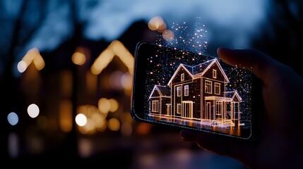 Poster - smartphone screen displaying glowing house outline against dark background with bokeh lights, creati
