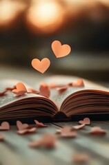 Poster - Open book with pink paper hearts floating above pages against blurred background, creating romantic atmosphere for Valentine's Day cards and love stories.
