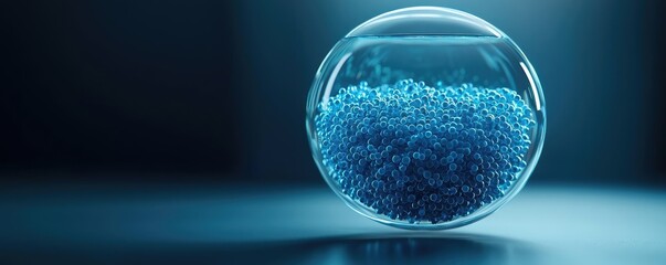 Poster - Blue exosome particles with three-dimensional sphere concept. A glass sphere filled with vibrant blue particles on a dark backdrop.