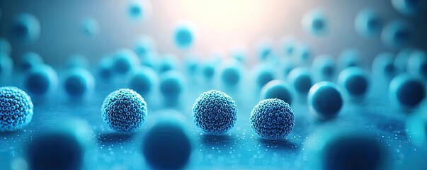 Poster - Blue exosome particles with three-dimensional research concept. Abstract close-up of microscopic blue particles in focus.