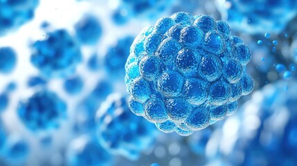 Poster - Blue exosome particles with three-dimensional sphere concept. Close-up of blue microscopic cells on a blurred background.