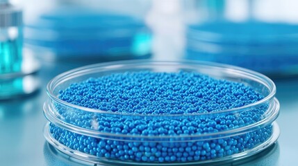 Poster - Blue exosome particles with three-dimensional research concept. Close-up of blue beads in a petri dish for scientific research.