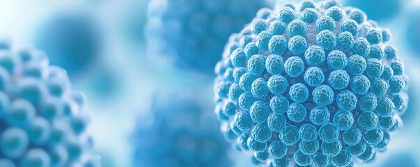 Poster - Blue exosome particles with three-dimensional sphere concept. Detailed close-up of vibrant blue microbial forms under microscope.