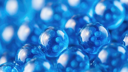 Poster - Blue exosome particles with three-dimensional sphere concept. Close-up of shimmering blue glass balls with reflections.