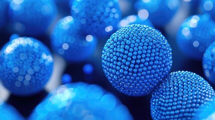 Poster - Blue exosome particles with three-dimensional sphere concept. Close-up view of vibrant blue spheres with intricate textures.