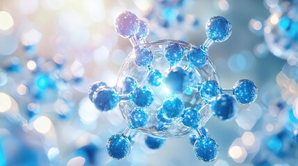Poster - Blue exosome particles with three-dimensional skincare concept. Molecular structure with a luminous blue glow creating depth.
