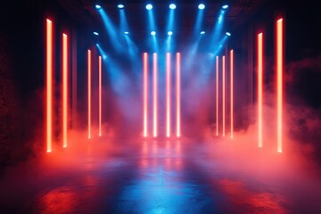 Aufkleber - Red and blue lights illuminating empty stage with smoke