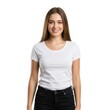 © Polymathein LLC - A pretty girl smiling standing wearing white t-shirt black jeans to create mockups templates