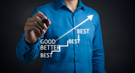 Poster - Arrow Upward with Steps Showing Good Better and Best Drawn by Hand in Blue Shirt Against Dark Background