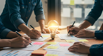 Poster - Brainstorming Session with Light Bulb Symbolizing New Ideas in Modern Office Setting for Team Collaboration and Successful Planning