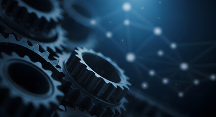 Poster - Close Up of Interlocking Metal Gears on Abstract Blue Network Background