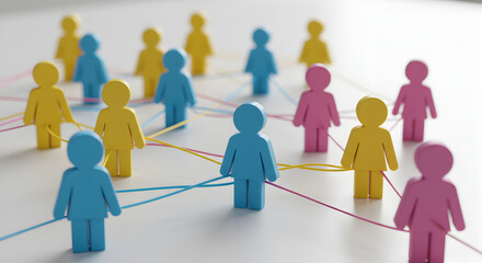 Poster - Colorful Wooden Figures Connected by Threads on White Tabletop Depicting Social Network in Soft Lighting
