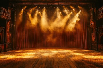 Aufkleber - Bright stage lights illuminating wooden floor and red curtain in grand theater