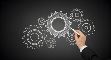 Poster - Hand Drawing White Gears On Blackboard Representing Business Mechanism and Motion with Suit Sleeve Detail