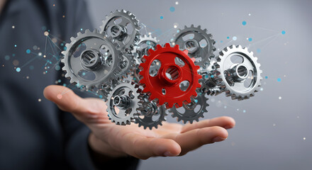 Poster - Hand Holding Floating Silver and Red Gear Mechanism Representing Teamwork and System Connectivity