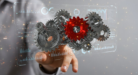 Poster - Hand Interacting with 3D Rendered Silver and Red Gears with Transparent Digital Interface Overlay