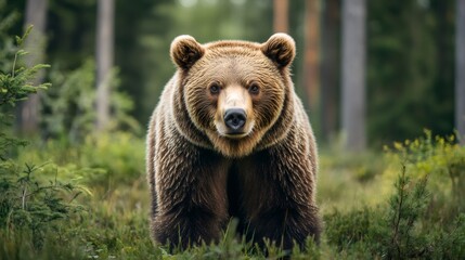 Wall Mural - brown bear standing in forest looking forward