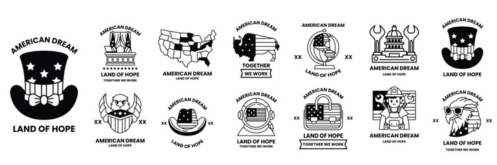 Wall Mural - set of illustrations in the concept of america in line drawing style