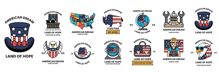 Wall Mural - set of illustrations in the concept of america in line drawing style