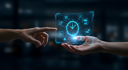 Poster - Hands Touching a Holographic Clock in a Dark Ambient Background Modern Technology and Future Concept