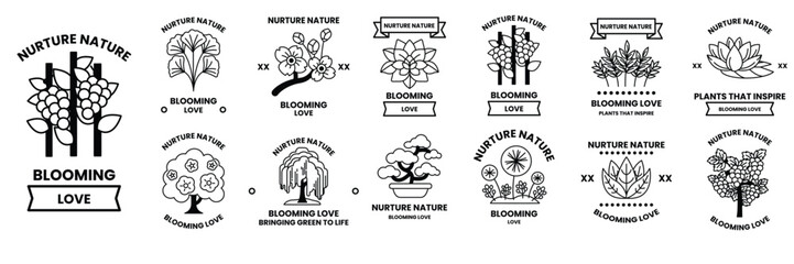 Wall Mural - set of illustrations in the concept of flowers and trees in line drawing style