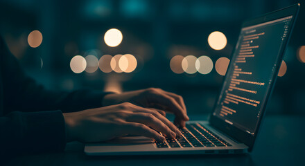 Poster - Person Typing on Laptop Keyboard with Code on Screen at Night with Blurred Background