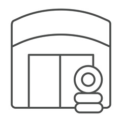 Poster - Garage with car tires stack thin line icon, repair service concept. Vector graphics. Small warehouse for auto mechanic staff sign on white background, outline style icon for mobile or web design.