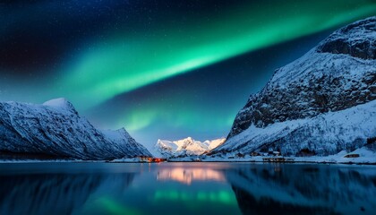 aurora borealis on the norway green northern lights above mountains night sky with polar lights nigh
