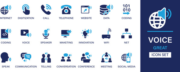 Voice best icon set collection. Internet, digitization, call, telephone, website, data, coding, voice, speaker, marketing and solid icon set.