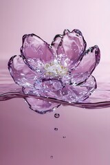 Poster - Translucent pink water flower with delicate petals floating on surface, droplets falling beneath creating ripples in liquid against soft rose background.