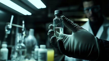 Poster - Laboratory scientist in protective gloves examining clear liquid sample in glass vial against dark background with scientific equipment and dramatic lighting.