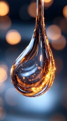 Poster - Glowing amber liquid drop with sparkling particles suspended in motion against blurred bokeh background, macro photography highlighting transparency and light effects.
