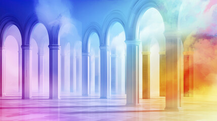 Poster - serene and colorful abstract scene featuring arches and pillars in gradient of rainbow hues, evoking sense of tranquility and wonder