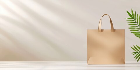 Poster - A simple, empty paper shopping bag on a light surface with a green plant nearby, illuminated by soft natural light.