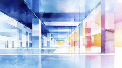 Poster - vibrant watercolor illustration depicting abstract architectural space with colorful columns and reflections. serene atmosphere evokes creativity