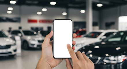 Poster - Hands Holding Smartphone With Blank Screen in Car Dealership Showroom Mockup