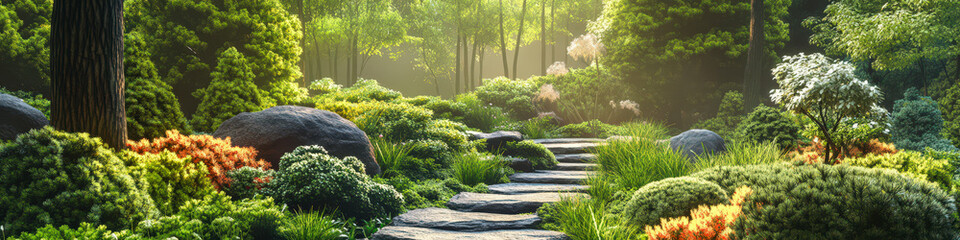 Wall Mural - A path through a lush green forest with a rock wall on the side