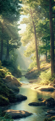 Wall Mural - A painting of a forest with a river running through it