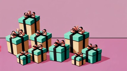Aufkleber - A pile of presents with red bows on them. There are many different colors of presents. Some are green, some are yellow, and some are pink