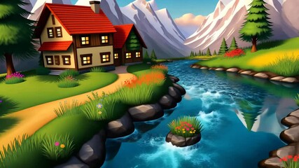 Poster - A house with a red roof is in front of a mountain. The house is surrounded by a green field