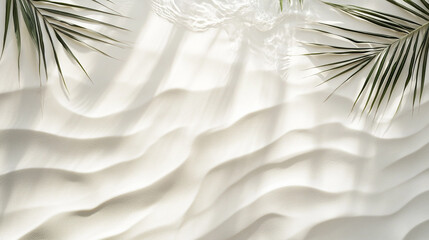 Poster - White textured surface with palm leaves creating shadows and water ripple reflections overhead view