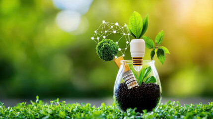 Aufkleber - light bulb with green leaves and small tree inside glass jar symbolizes sustainable energy and innovation. background is vibrant green, representing nature and eco friendly technology