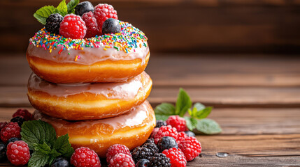Aufkleber - tower of glazed donuts topped with colorful sprinkles and surrounded by fresh berries on wooden table creates delightful and inviting scene