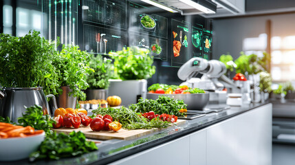 Aufkleber - high tech kitchen features fresh ingredients like tomatoes and herbs, with robotic arm preparing meals. Digital screens display recipes, creating futuristic cooking environment